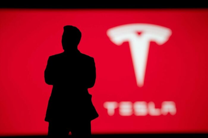 Der Schatten eines Mannes (Elon Musk?) steht vor einer roten Wand, auf der sehr verschwommen das Logo des Autoherstellers Tesla zu sehen ist.